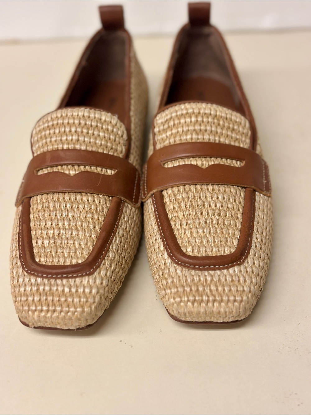 Donald J. Pliner Raffia Penny Loafers in Natural and Brown Leather
